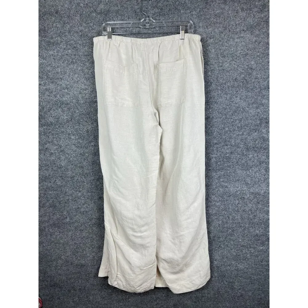 H&M Linen Blend Strech Palazzo Pants, Drawstring Size Large Off White Boho Lagon